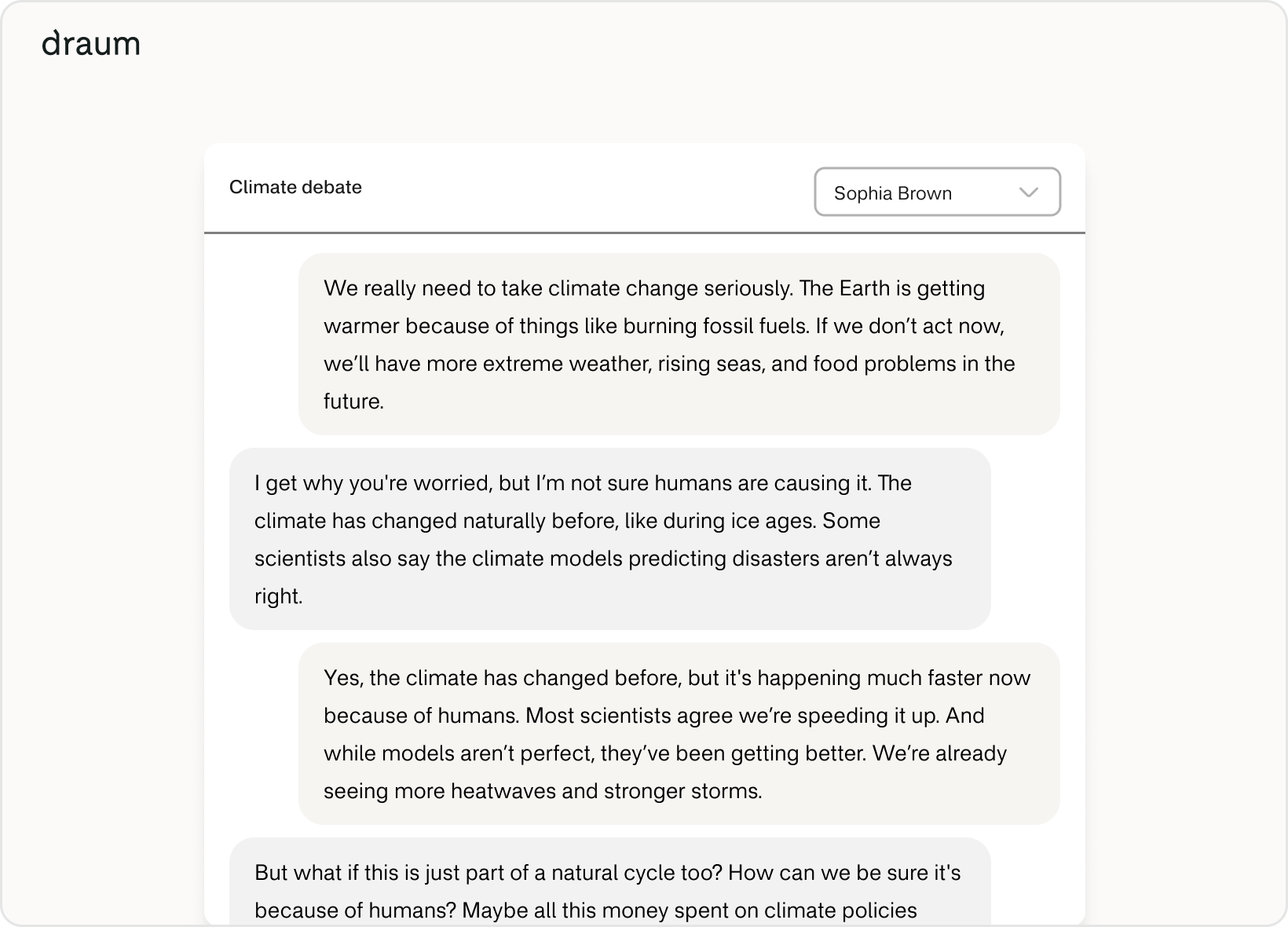 Et chat-grensesnitt med en debatt om klimaendringer, men dette er lærervisningen der de kan velge hvilken elevs samtale de skal se.